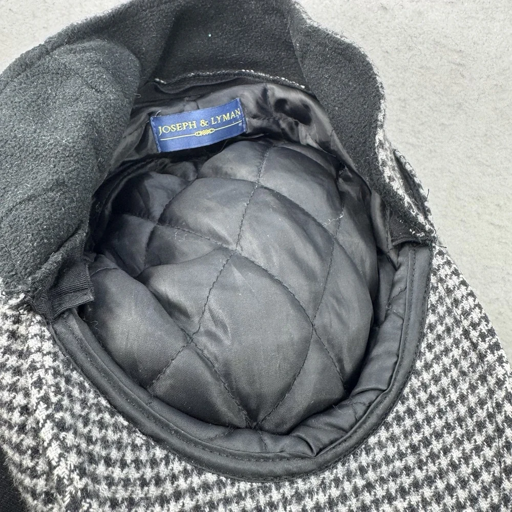 Joseph & Lyman 100% Camel Hair Newsboy Cap Hat Ear Flaps‎ Lined Houndstooth Grey
